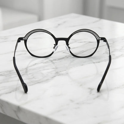 Barledear Charcoal Black eyeglasses back view showing adjustable clear silicone nose pads and prescription-ready titanium frame structure
