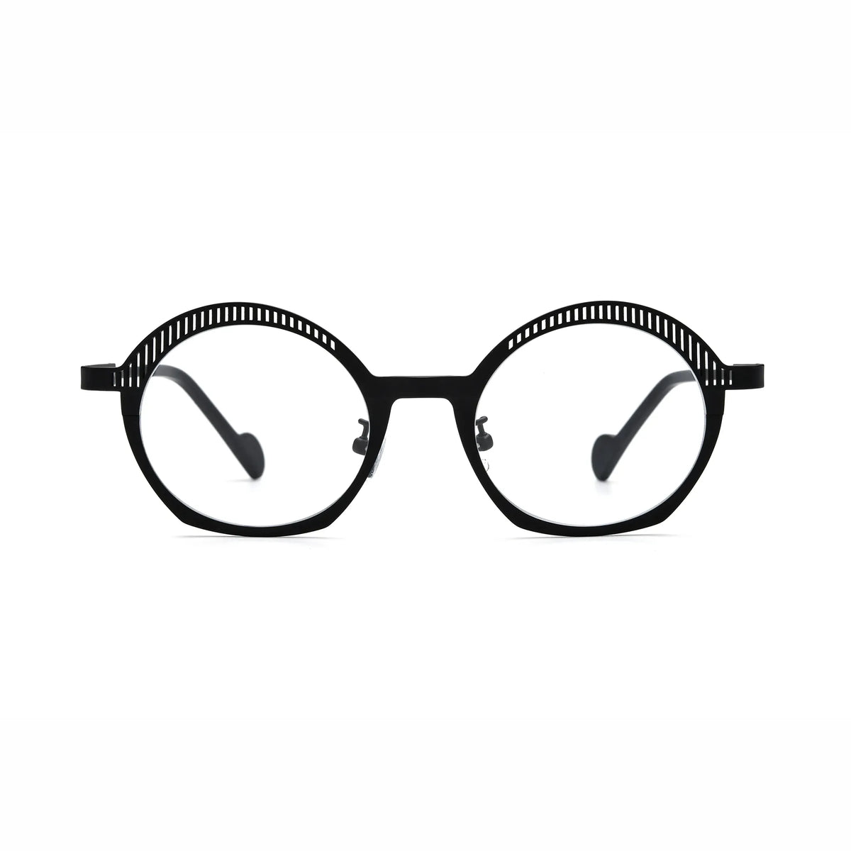Barledear Charcoal Black eyeglasses front view with lightweight geometric oval pure titanium full-rim frame and matte black slotted browline