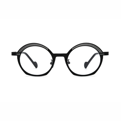 Barledear Charcoal Black eyeglasses front view with lightweight geometric oval pure titanium full-rim frame and matte black slotted browline