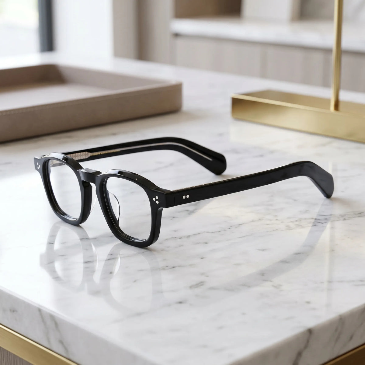 Barledear Charcoal Noir eyeglasses angled side view showing glossy acetate temples and bridge detail