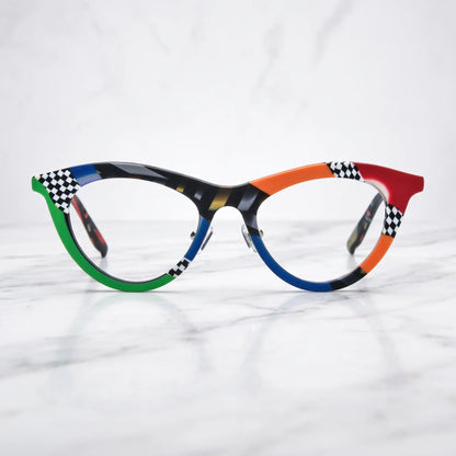 Barledear Checker Clash cat-eye acetate eyeglasses shown in a clean lifestyle front view with bold multicolor patchwork detailing