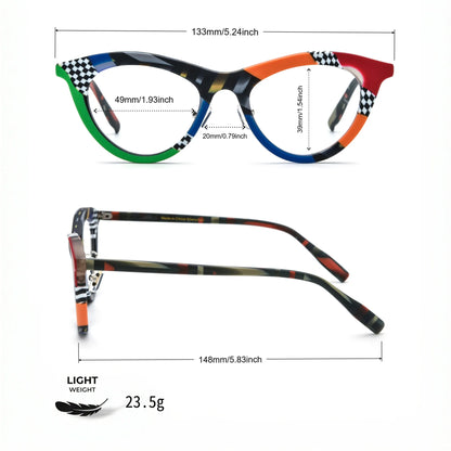 Barledear Checker Clash cat-eye eyeglasses size chart showing 133 mm frame width, 49 mm lens width, 39 mm lens height, 20 mm bridge, and 148 mm temples
