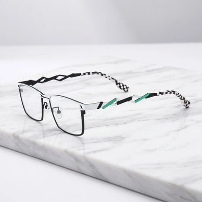 Barledear Crimson Meadow Green eyeglasses angled side view showing slim titanium structure and bold geometric temple detail