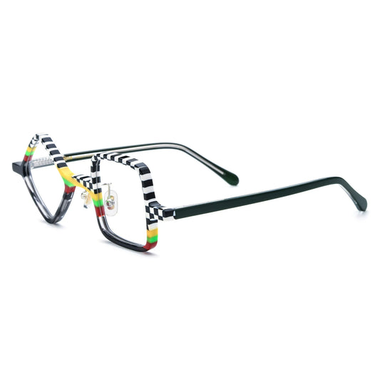 Barledear Checkerboard Spectrum asymmetric geometric acetate eyeglasses angled side view showing the mismatched frame shape, reinforced hinges, and slim deep green temples.