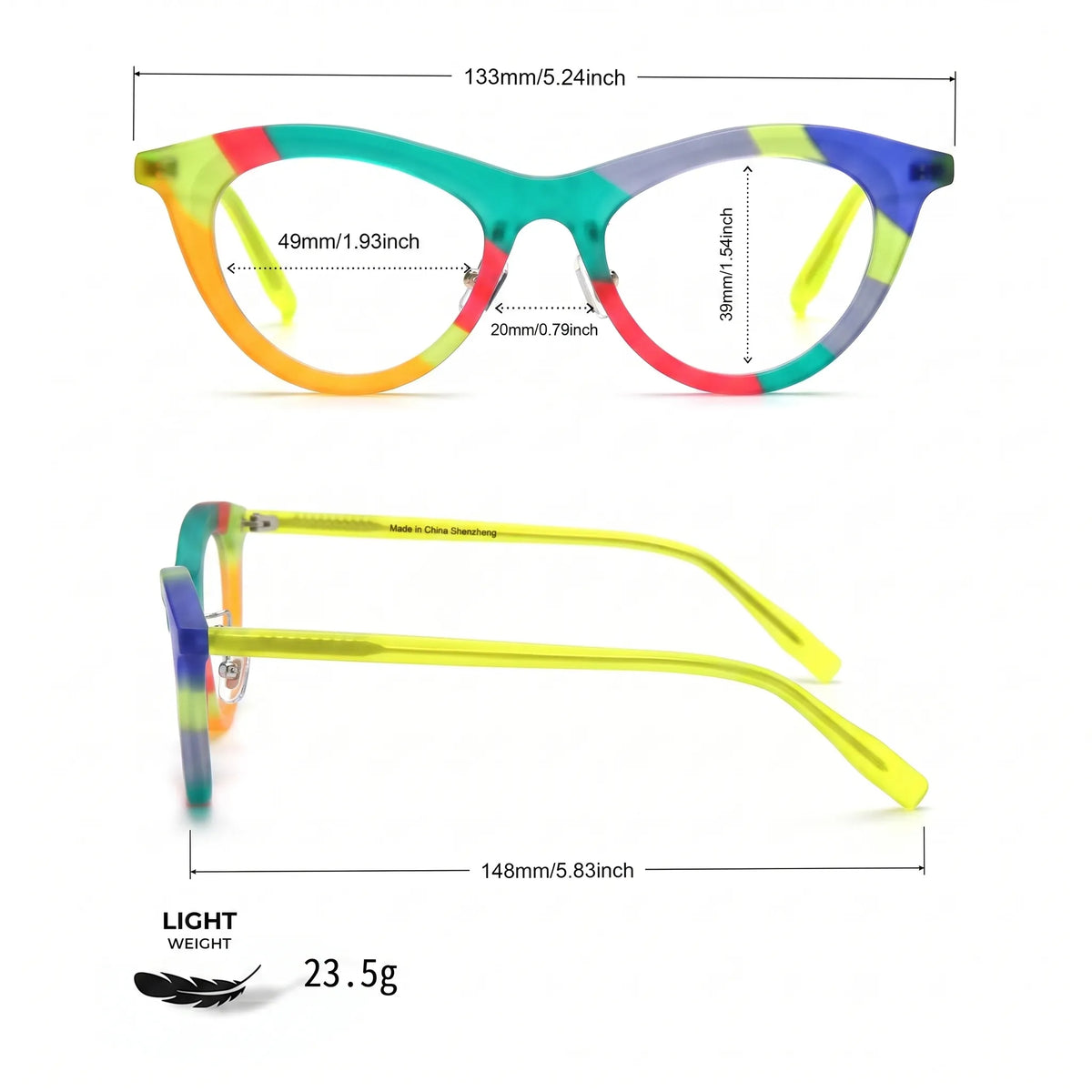 Barledear Citrus Carnival cat-eye eyeglasses size chart showing 133 mm frame width, 49 mm lens width, 39 mm lens height, 20 mm bridge, and 148 mm temples