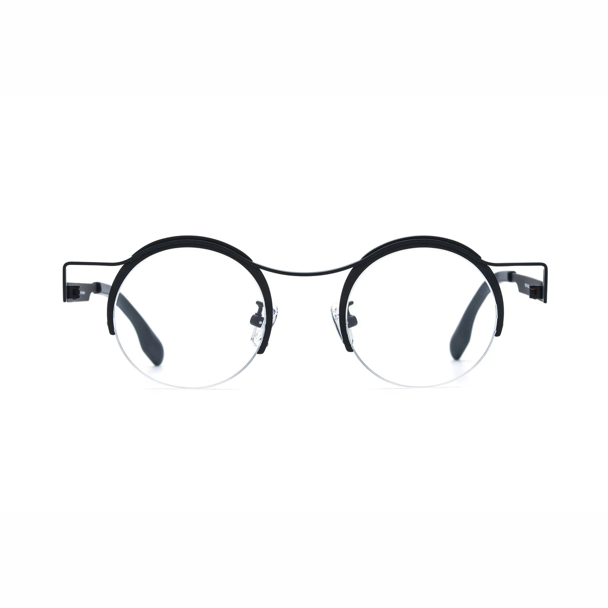 Barledear Classic Noir eyeglasses front view with lightweight round pure titanium semi-rimless frame and clean black finish