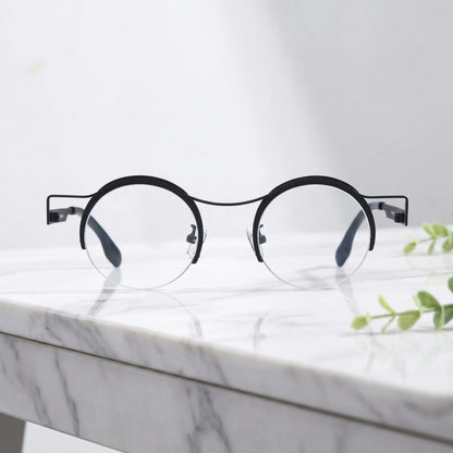 Barledear Classic Noir eyeglasses shown in a clean lifestyle front view with minimalist retro round titanium frame
