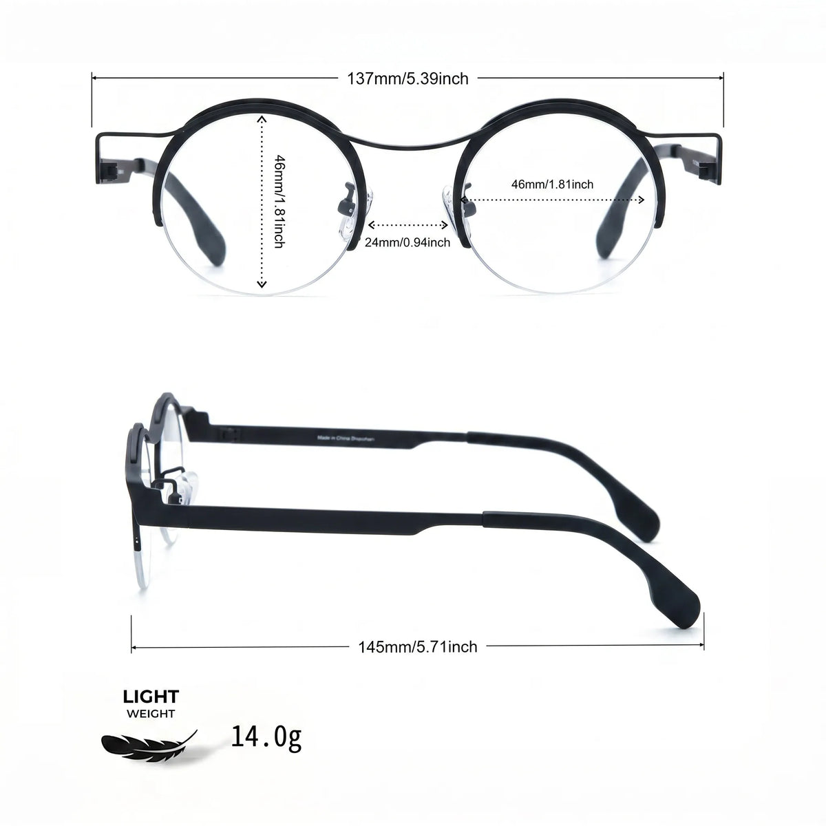 Barledear Classic Noir eyeglasses size chart with 137mm frame width, 46mm lens width, 24mm bridge, 145mm temple length, and 14.0g weight