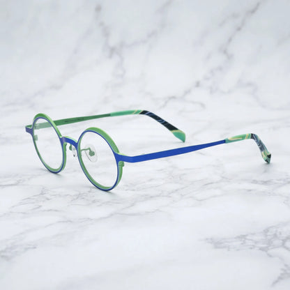 Barledear Cobalt Jade round pure titanium eyeglasses angled side view showing slim temples bridge construction and patterned temple tips