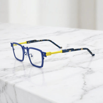 Barledear Cobalt Lemon Mosaic eyeglasses angled side view showing slim titanium temples, geometric side joint, and contrast temple detail