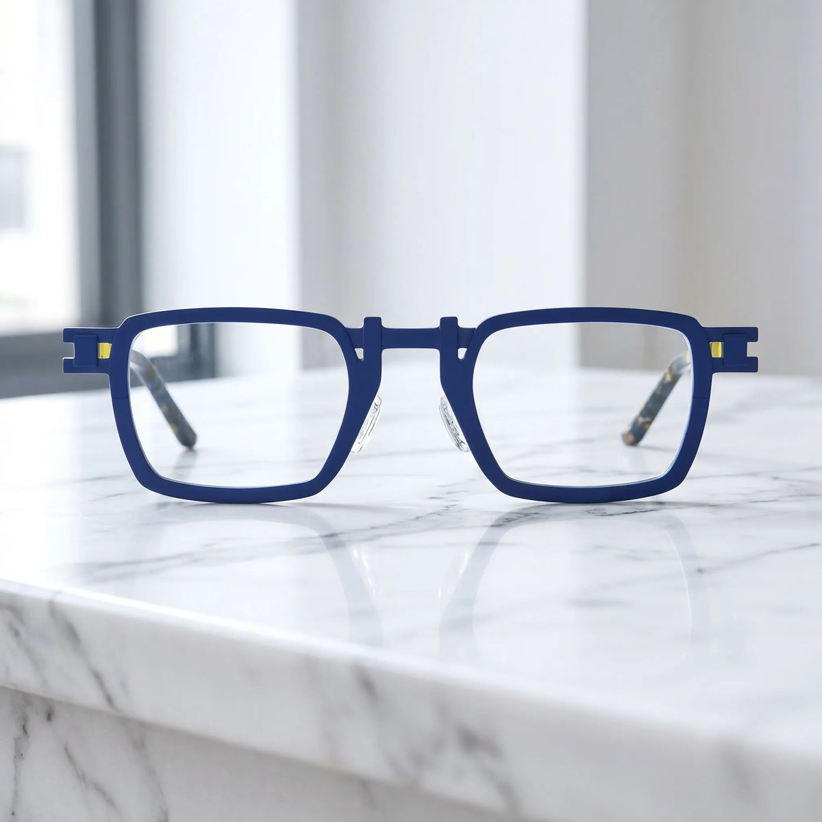 Barledear Cobalt Lemon Mosaic eyeglasses shown in a clean lifestyle front view with blue and yellow colorblock styling for prescription eyewear