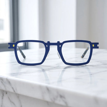 Barledear Cobalt Lemon Mosaic eyeglasses shown in a clean lifestyle front view with blue and yellow colorblock styling for prescription eyewear