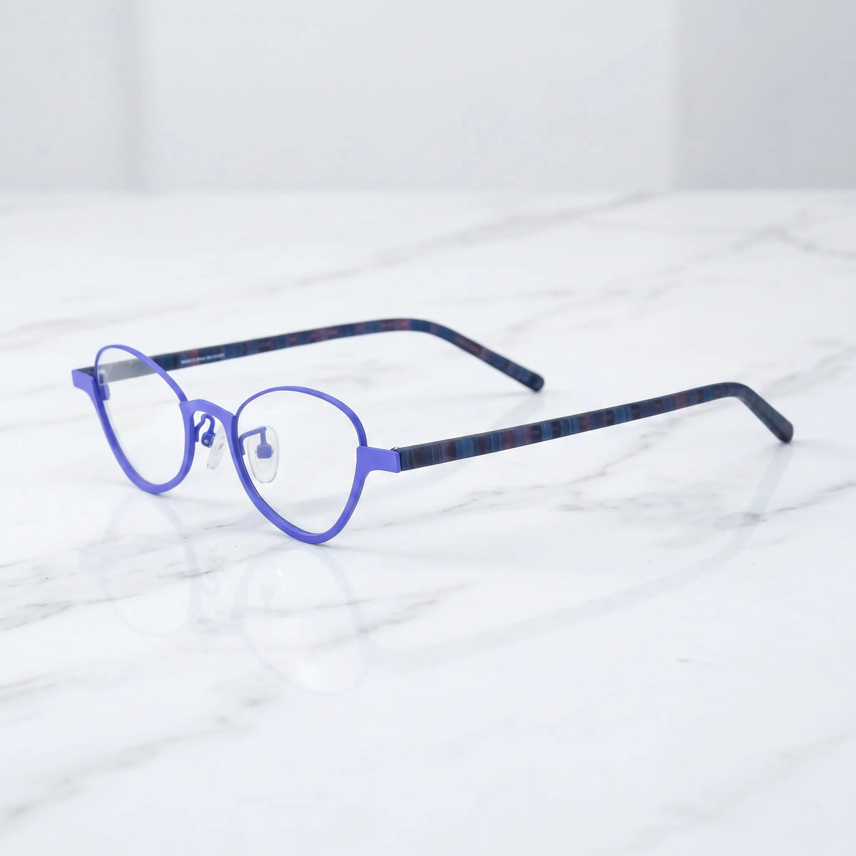 Barledear Cobalt Mosaic eyeglasses angled side view showing slim patterned temples nose pads and bridge detail