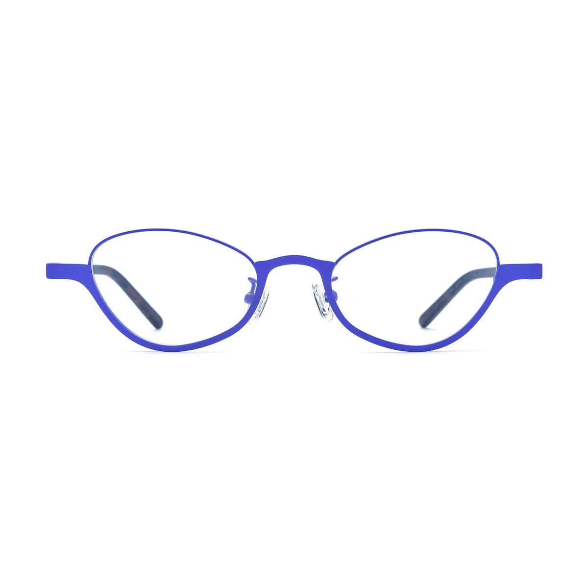Barledear Cobalt Mosaic oval titanium eyeglasses front view with blue frame and dark patterned acetate temples