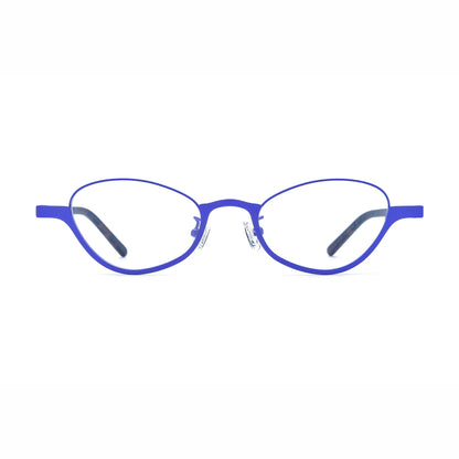 Barledear Cobalt Mosaic oval titanium eyeglasses front view with blue frame and dark patterned acetate temples