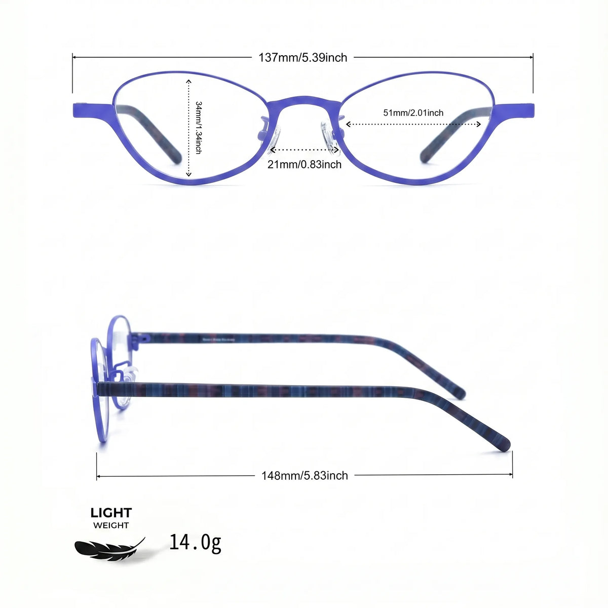 Barledear Cobalt Mosaic eyeglasses size chart with 137 mm frame width 51 mm lens width 34 mm lens height 21 mm bridge and 148 mm temple length