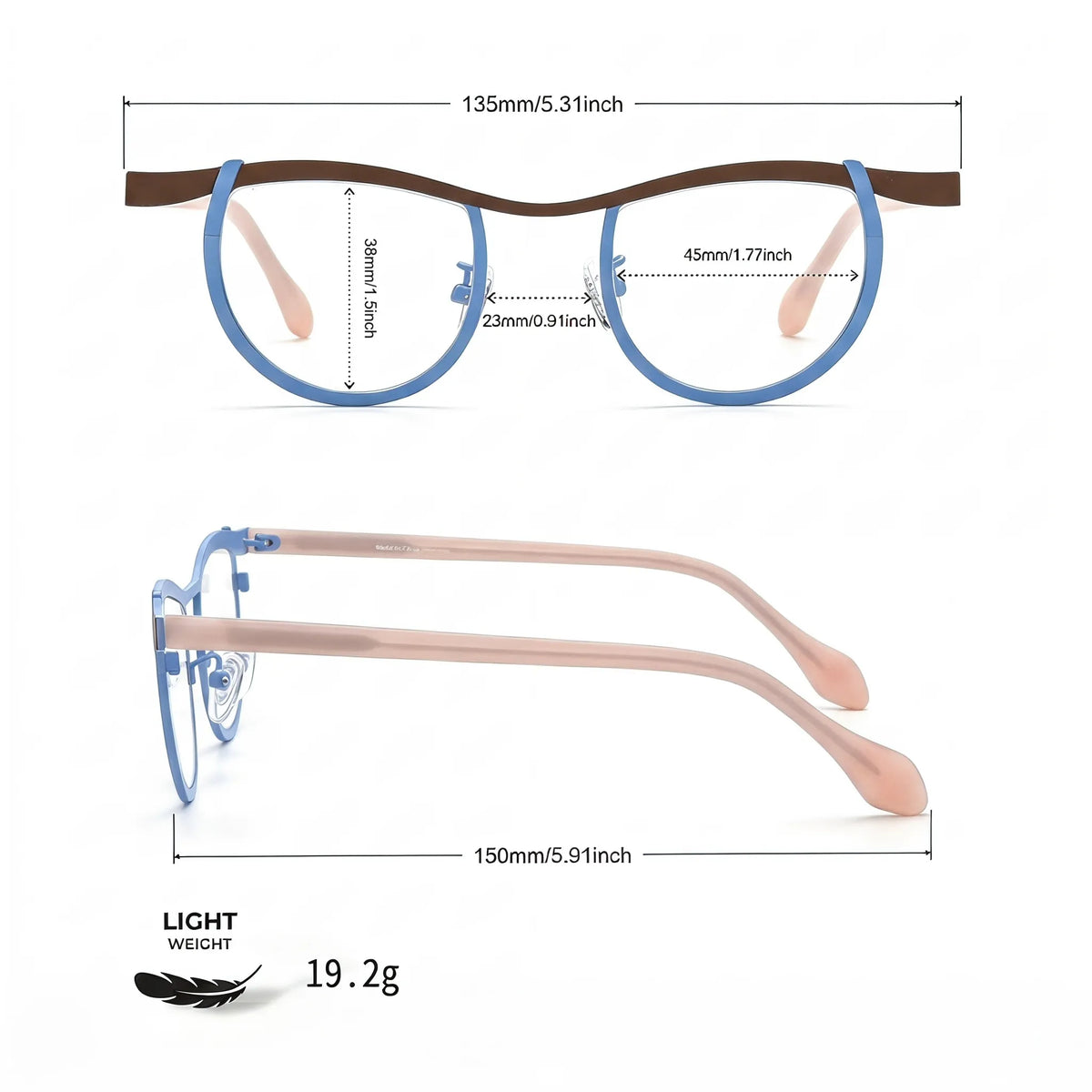 Barledear Cocoa Sky Blush eyeglasses size chart with frame width lens width bridge and temple measurements