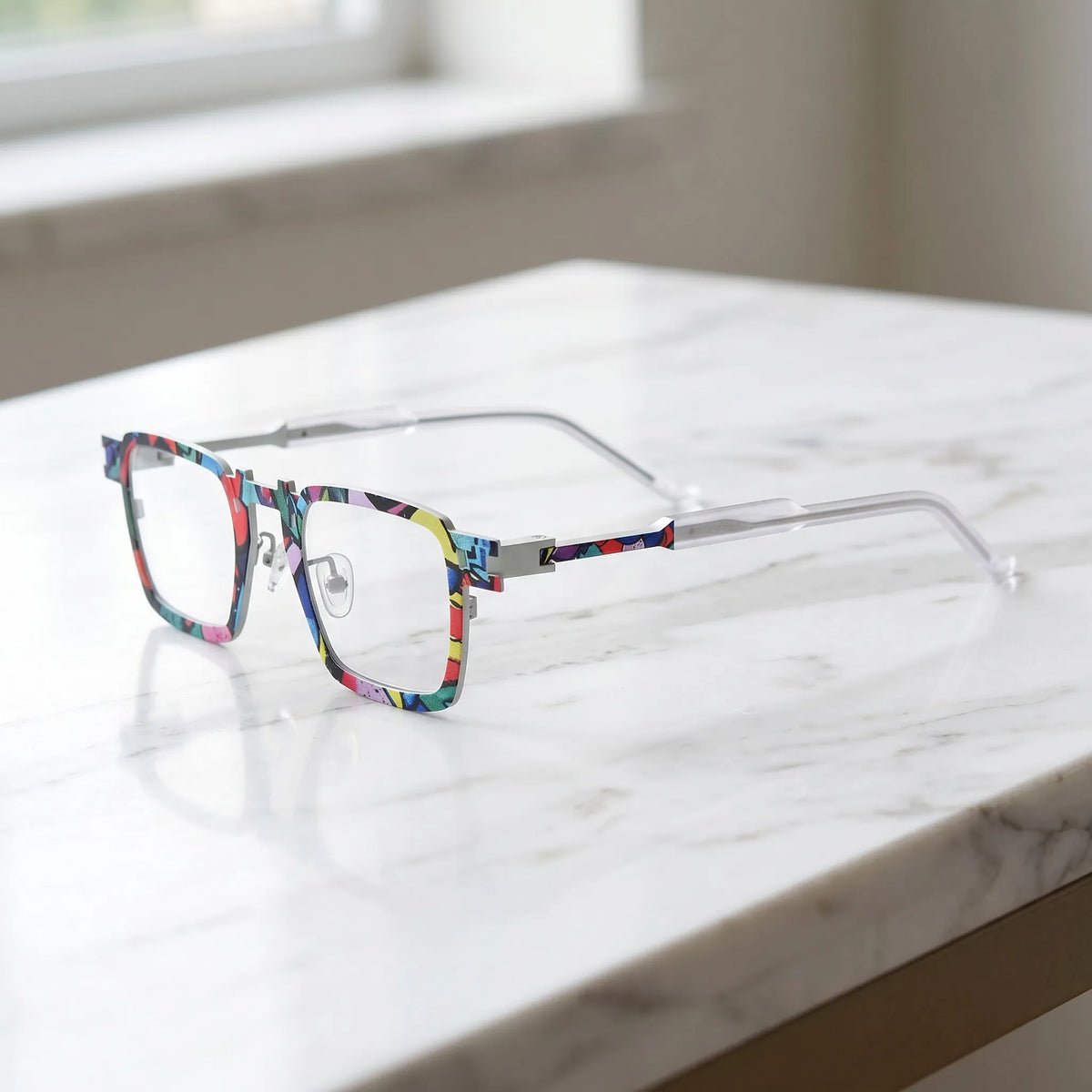 Barledear Confetti White Mosaic eyeglasses angled side view showing slim titanium temples, geometric side joint, and colorful front frame