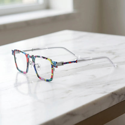 Barledear Confetti White Mosaic eyeglasses angled side view showing slim titanium temples, geometric side joint, and colorful front frame