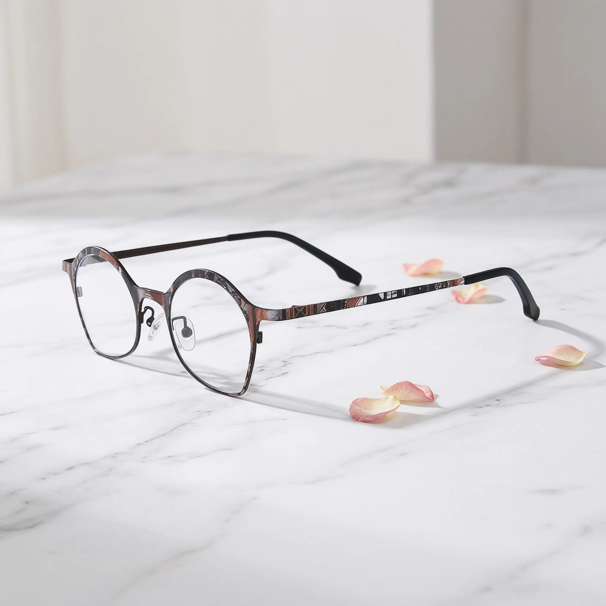 Barledear Copper Noir Brown eyeglasses angled side view showing slim temples and adjustable nose pads