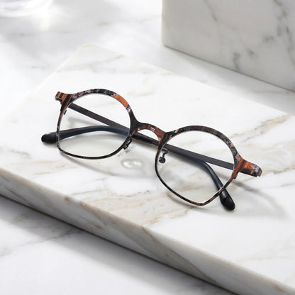 Barledear Copper Noir Brown eyeglasses folded display showing patterned titanium frame and slim temples