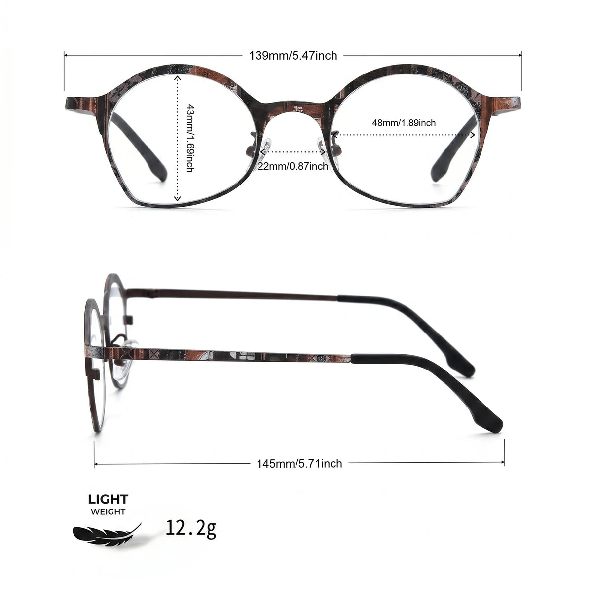 Barledear Copper Noir Brown eyeglasses size chart with 139mm frame width 48mm lens width 43mm frame height 22mm bridge and 145mm temple length