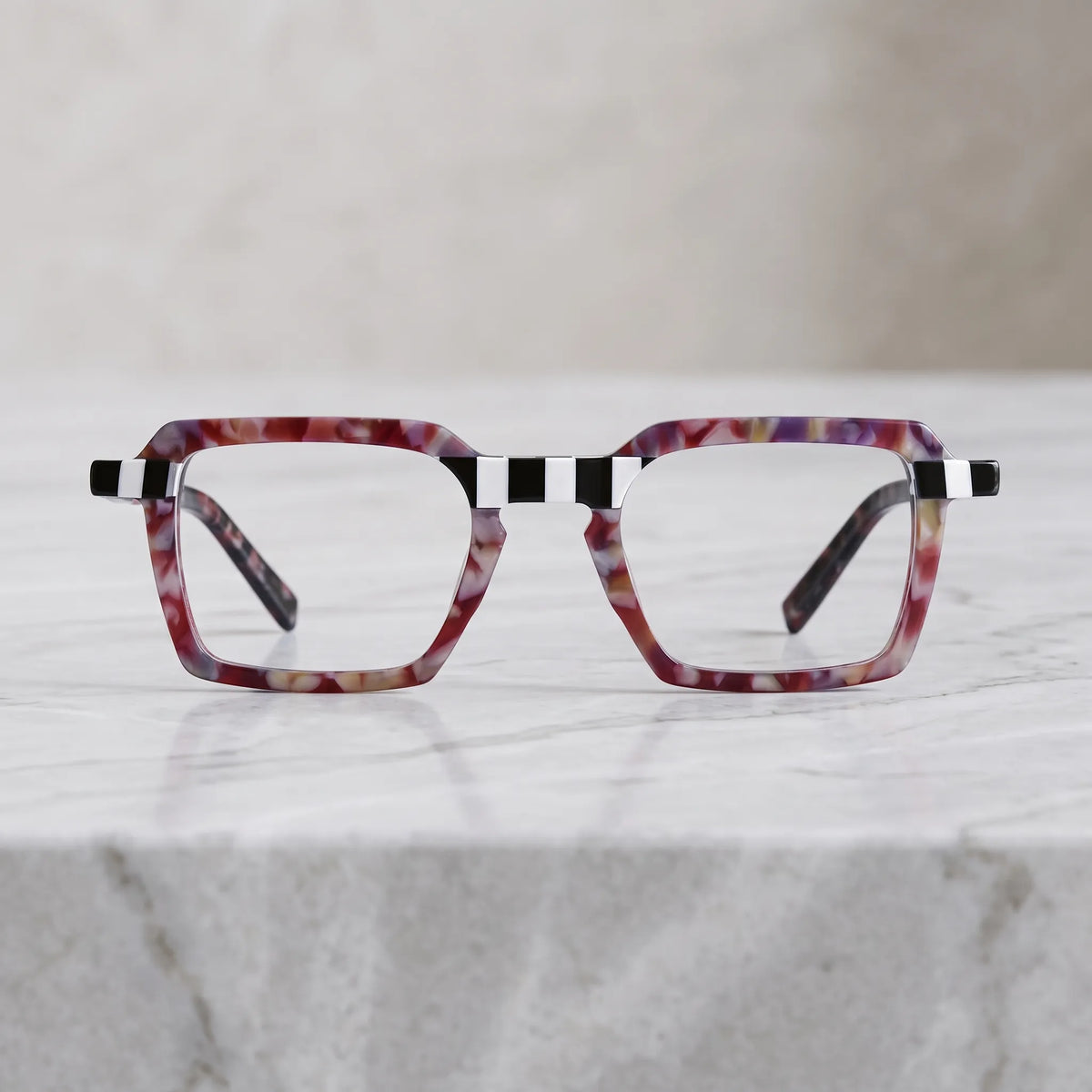 Barledear Crimson Checker Bloom eyeglasses shown in a clean lifestyle front view