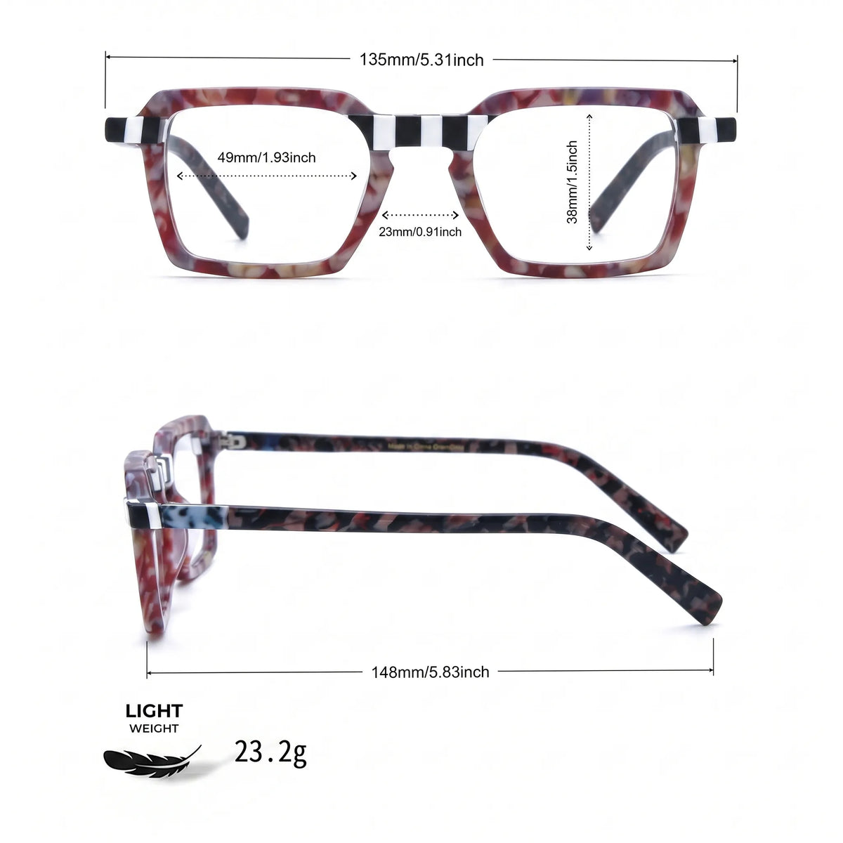 Barledear Crimson Checker Bloom eyeglasses size chart showing 135 mm frame width and 49-23-148 measurements