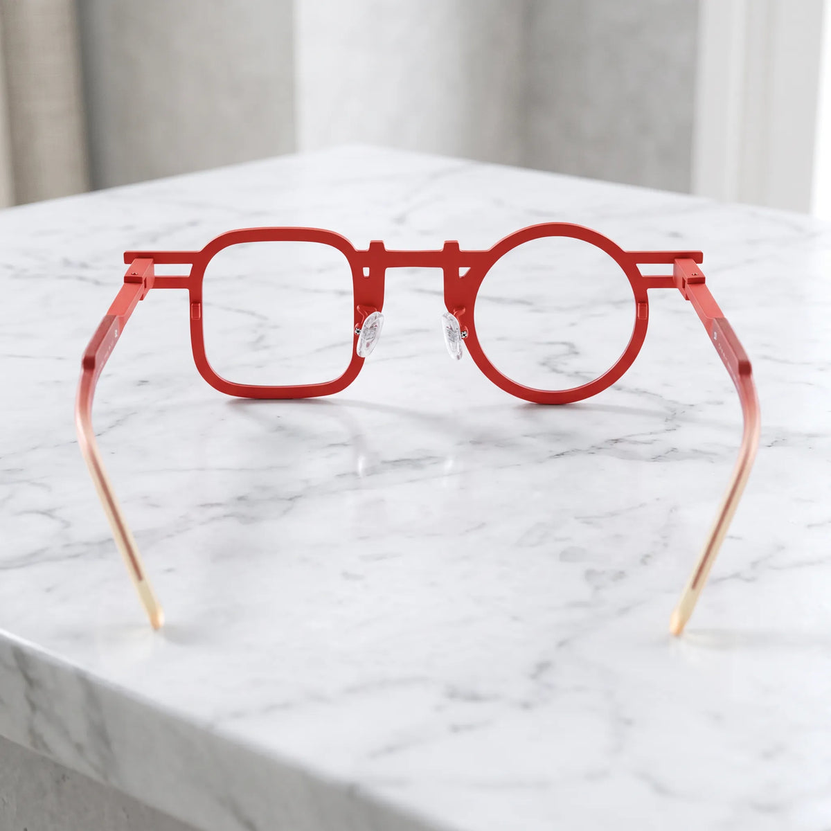 Barledear Crimson Fade eyeglasses back view showing temple shape, bridge detail, and full-rim frame structure