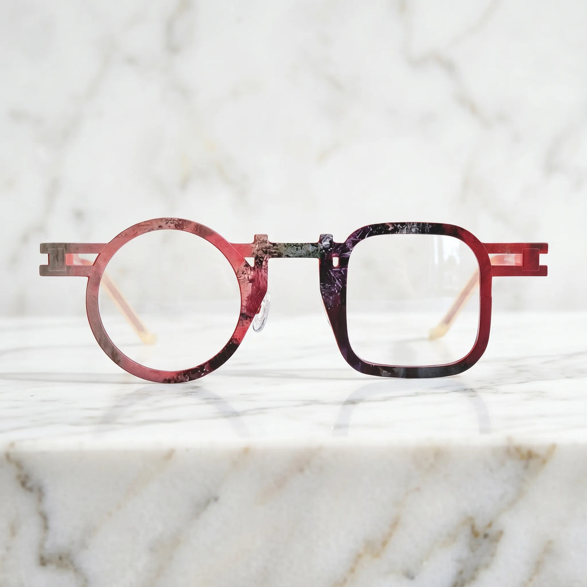 Barledear Crimson Fade eyeglasses shown in a clean lifestyle front view with red gradient geometric frame detail