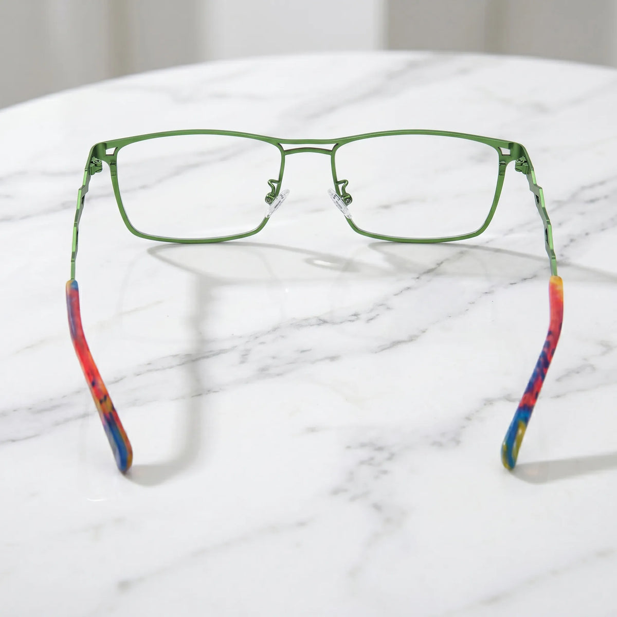 Barledear Crimson Meadow Green eyeglasses back view showing adjustable nose pads, full-rim square frame, and color-block temples