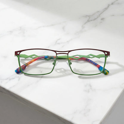 Barledear Crimson Meadow Green eyeglasses folded display showing geometric temple cutouts and multicolor temple tips