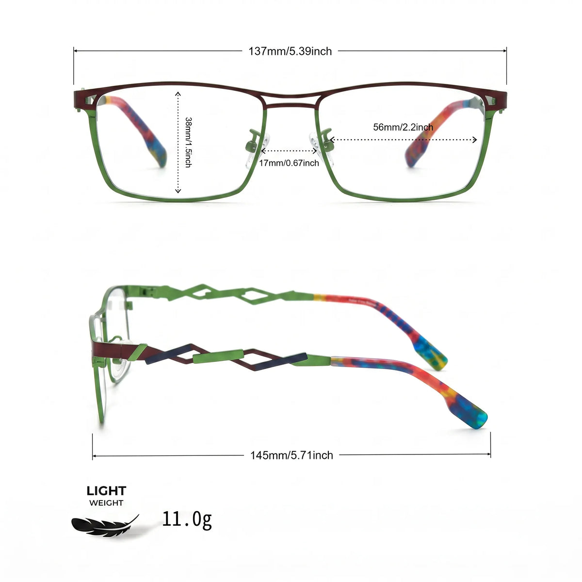 Barledear Crimson Meadow Green eyeglasses size chart with 137 mm frame width, 56 mm lens width, 38 mm lens height, 17 mm bridge, and 145 mm temple