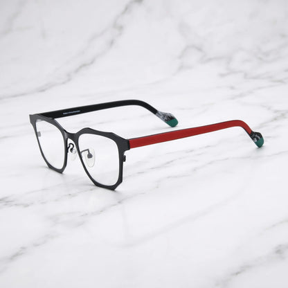 Barledear Crimson Noir eyeglasses angled side view showing slim temples, adjustable nose pads, and strong square silhouette