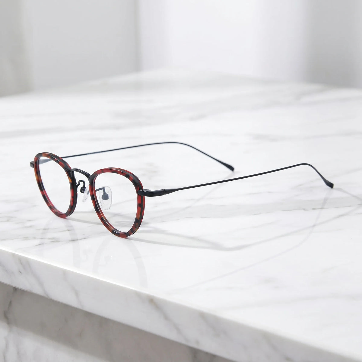Barledear Crimson Noir eyeglasses angled side view showing slim temples bridge detail and adjustable nose pads