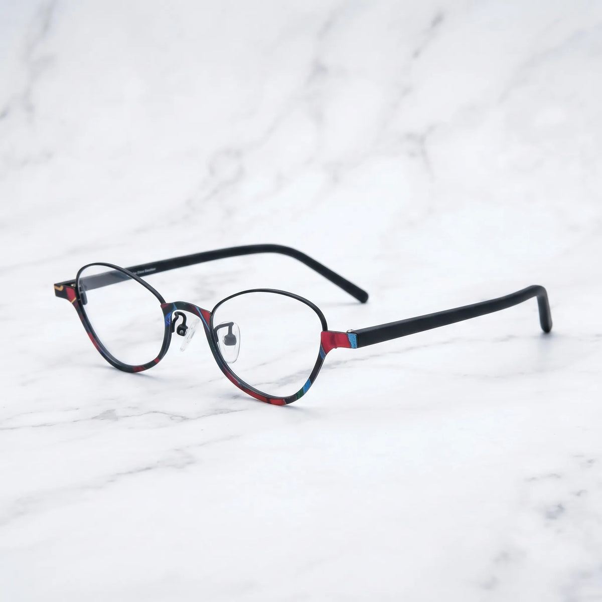 Barledear Crimson Noir eyeglasses angled side view showing slim temples adjustable nose pads and bridge detail