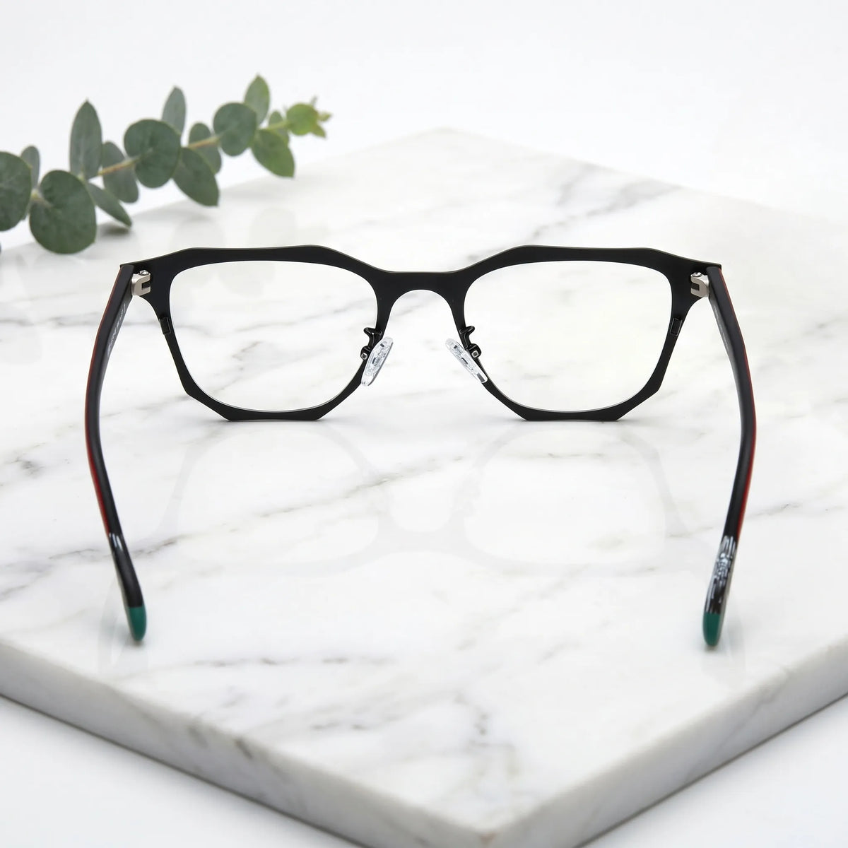 Barledear Crimson Noir eyeglasses back view showing full-rim frame structure, temple curve, and soft nose pad support