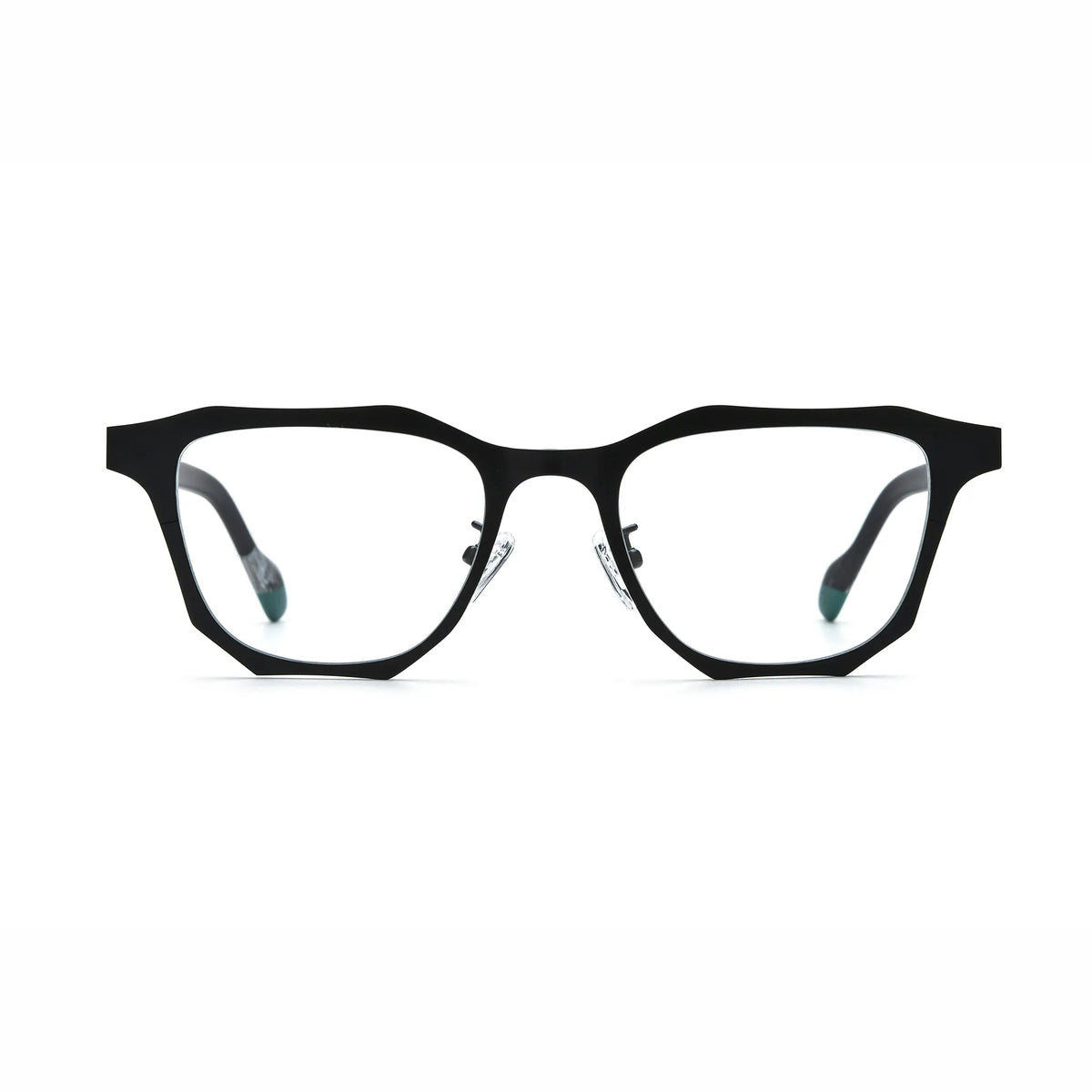 Barledear Crimson Noir eyeglasses front view with black geometric titanium square frame and contrast red temple detail