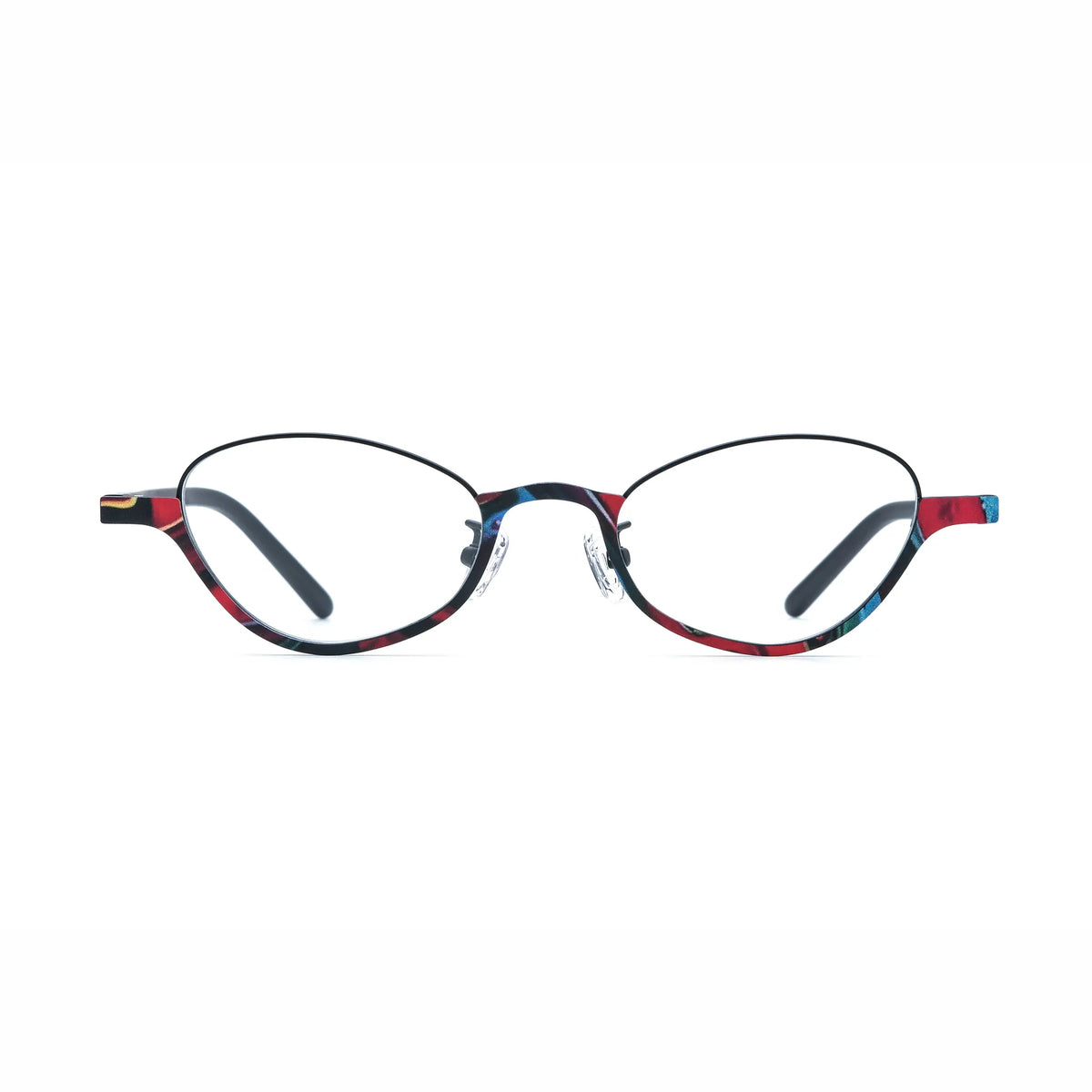 Barledear Crimson Noir oval titanium eyeglasses front view with black red and blue patterned frame details