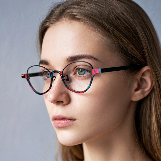 Model wearing Barledear Crimson Noir oval titanium eyeglasses in a lifestyle portrait
