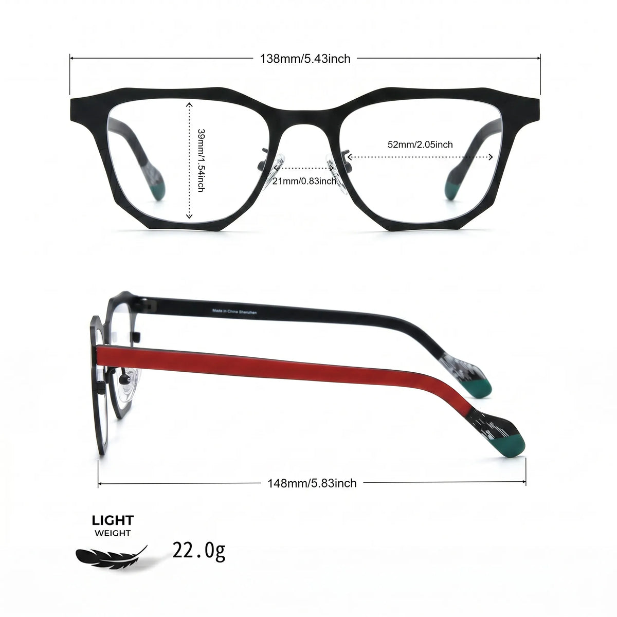 Barledear Crimson Noir eyeglasses size chart with 138mm frame width, 52mm lens width, 39mm lens height, and 148mm temple length