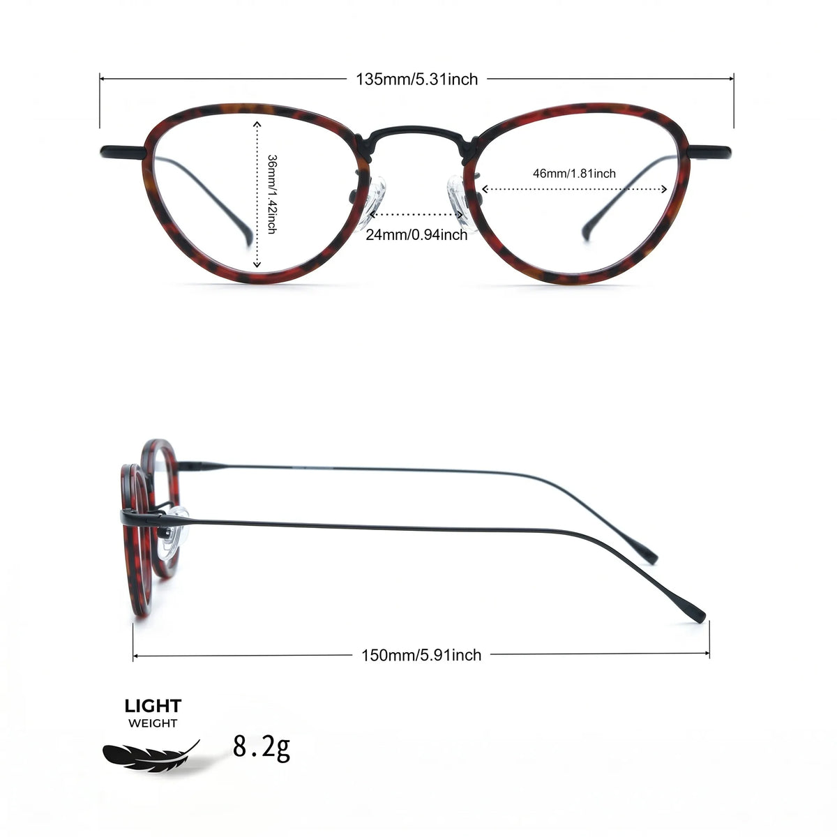 Barledear Crimson Noir eyeglasses size chart with 135mm frame width 46mm lens width 36mm lens height 24mm bridge 150mm temple and 8.2g lightweight design