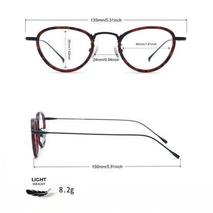 Barledear Crimson Noir eyeglasses size chart with 135mm frame width 46mm lens width 36mm lens height 24mm bridge 150mm temple and 8.2g lightweight design
