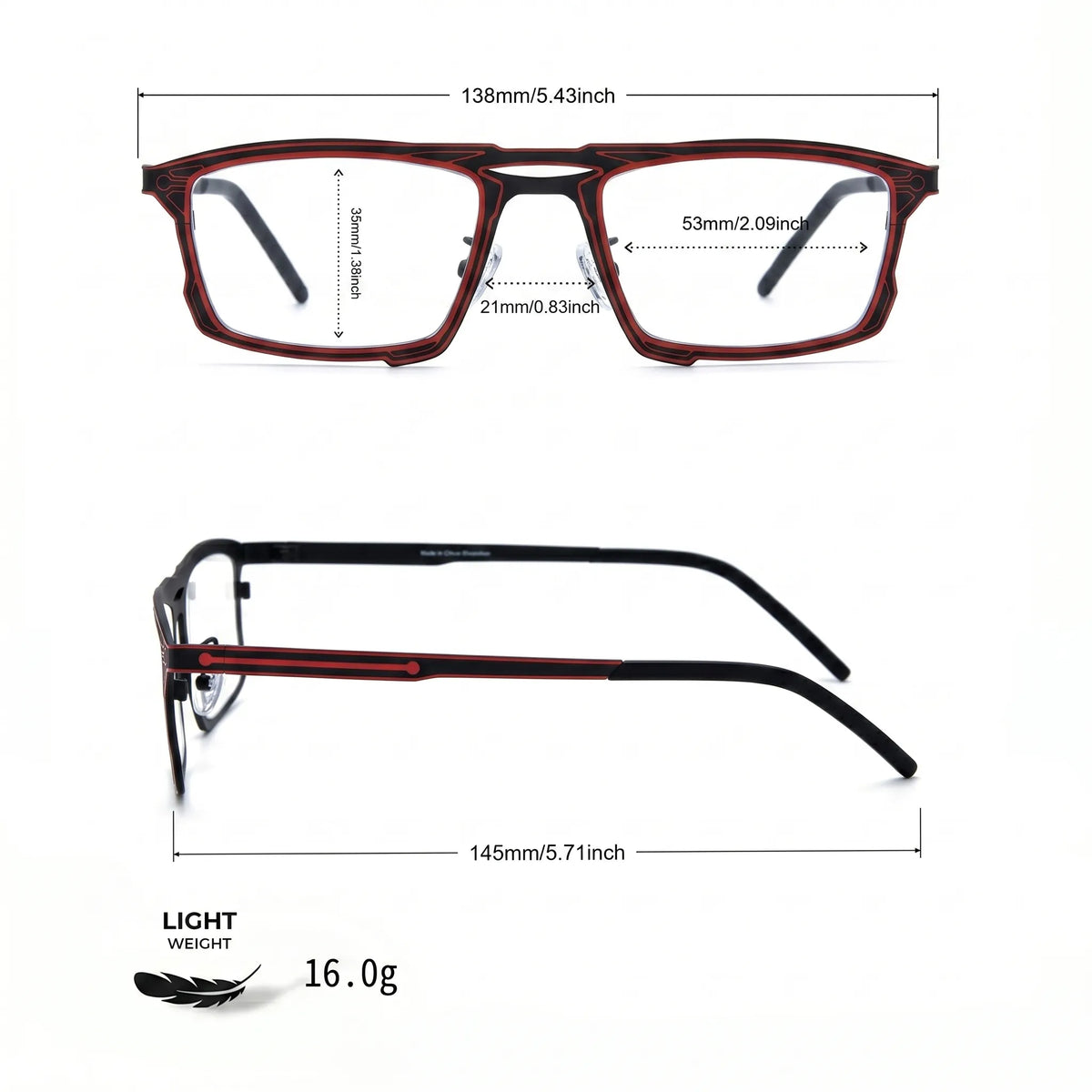 Barledear Crimson Noir eyeglasses size chart showing 138 mm frame width, 53 mm lens width, 35 mm lens height, 21 mm bridge, and 145 mm temple length