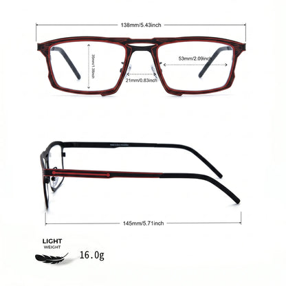 Barledear Crimson Noir eyeglasses size chart showing 138 mm frame width, 53 mm lens width, 35 mm lens height, 21 mm bridge, and 145 mm temple length