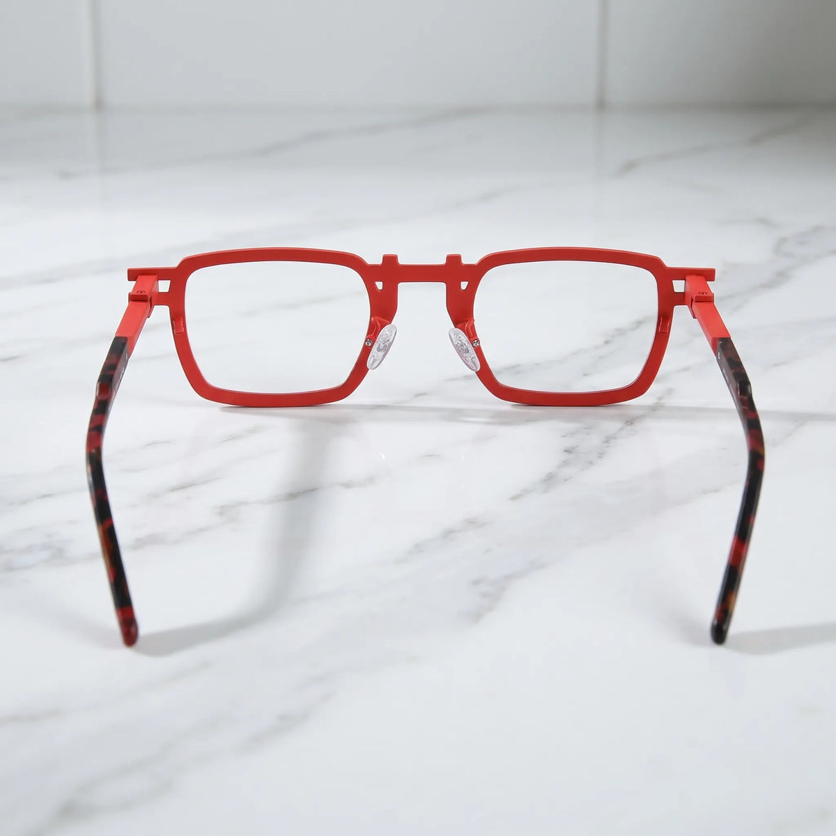 Barledear Crimson Noir Mosaic eyeglasses back view showing temple shape, square full-rim frame, and red black mosaic construction
