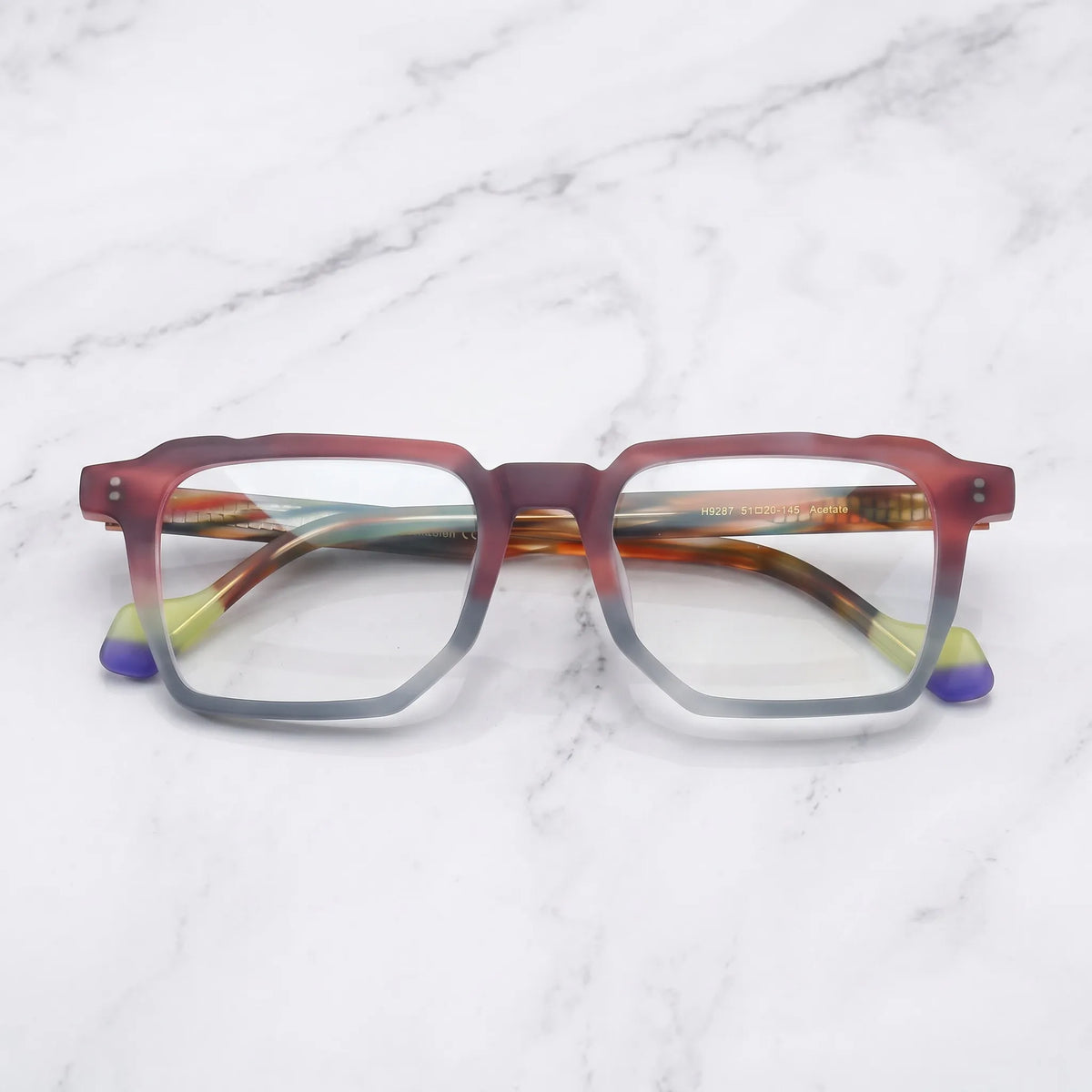 Barledear Crimson Smoke eyeglasses folded display showing the lightweight acetate frame and patterned temples