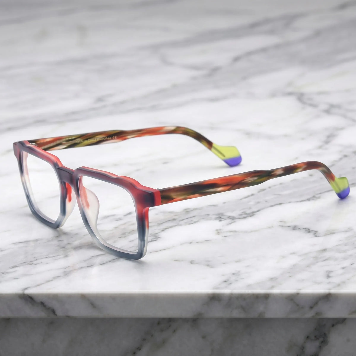 Barledear Crimson Smoke eyeglasses angled side view showing multicolor marbled temples and contrast temple tips