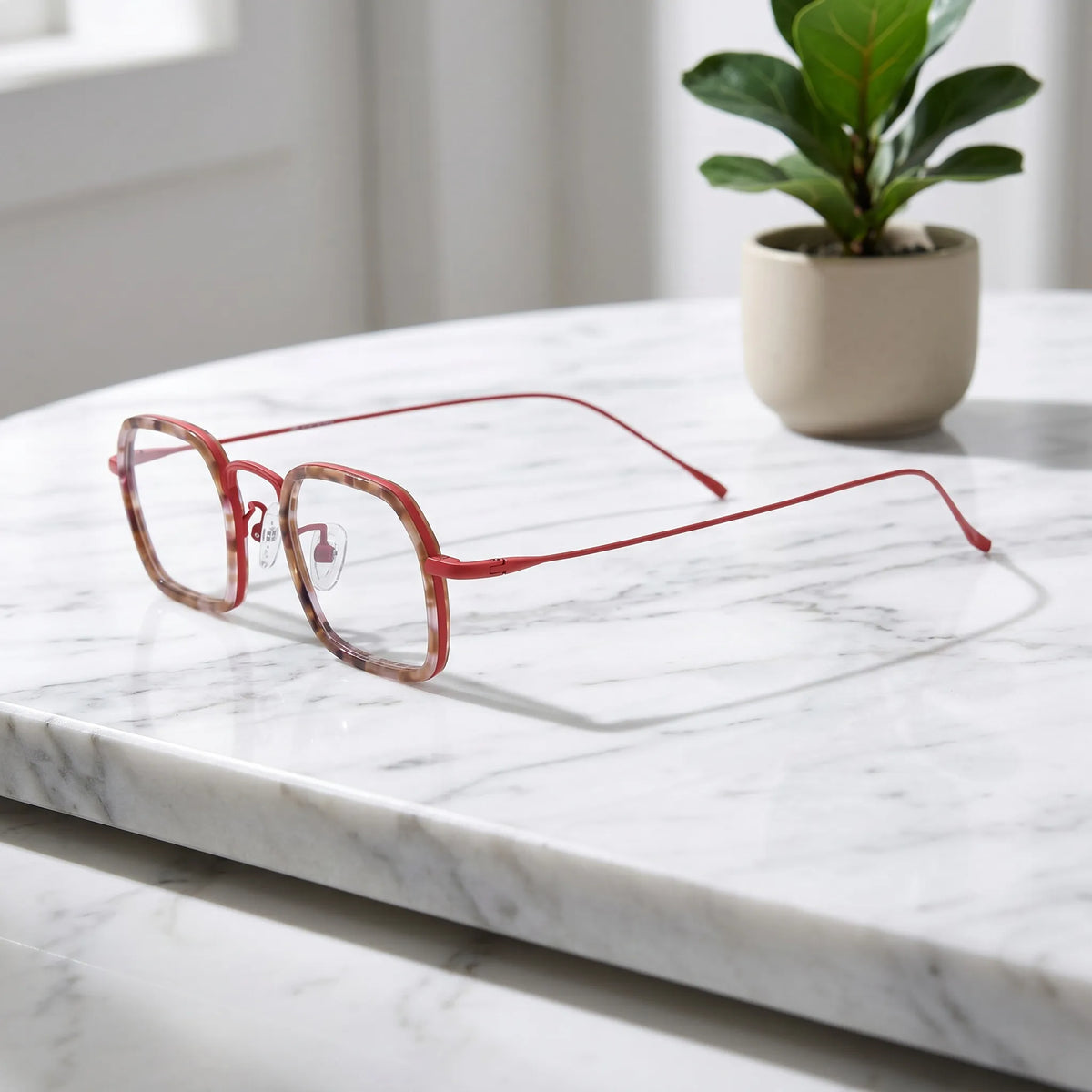 Barledear Crimson Tortoise Red eyeglasses angled side view showing slim titanium temples and bridge detail