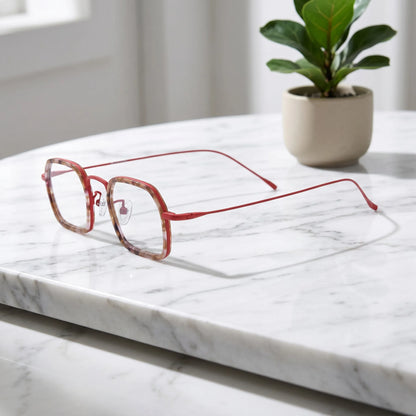 Barledear Crimson Tortoise Red eyeglasses angled side view showing slim titanium temples and bridge detail